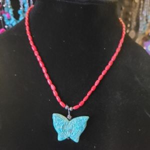 Coral Necklace with Turquoise Pendant